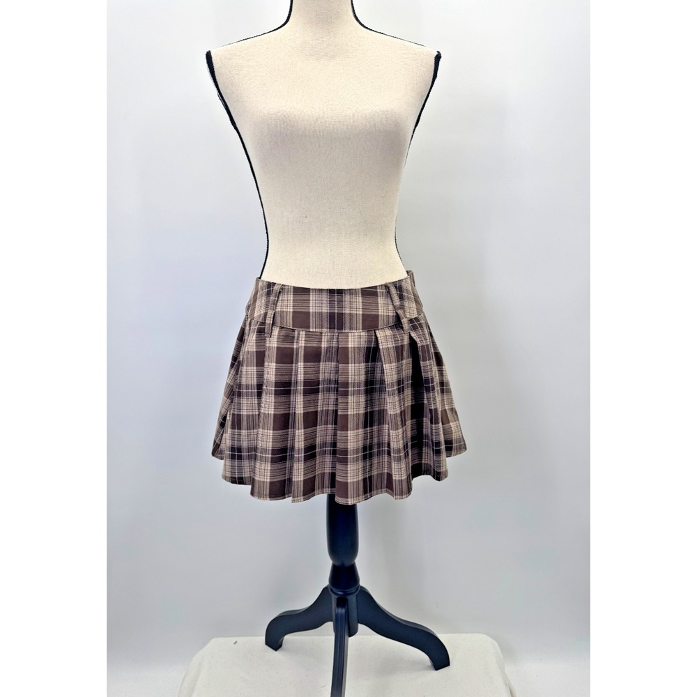 VTG Y2K Thorn & Fable Brown Plaid Pleated Micro Skirt S Academia Grunge Emo Alt